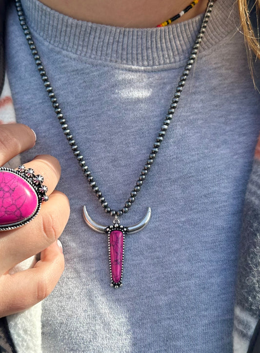 Hot Pink SteerSkull necklace