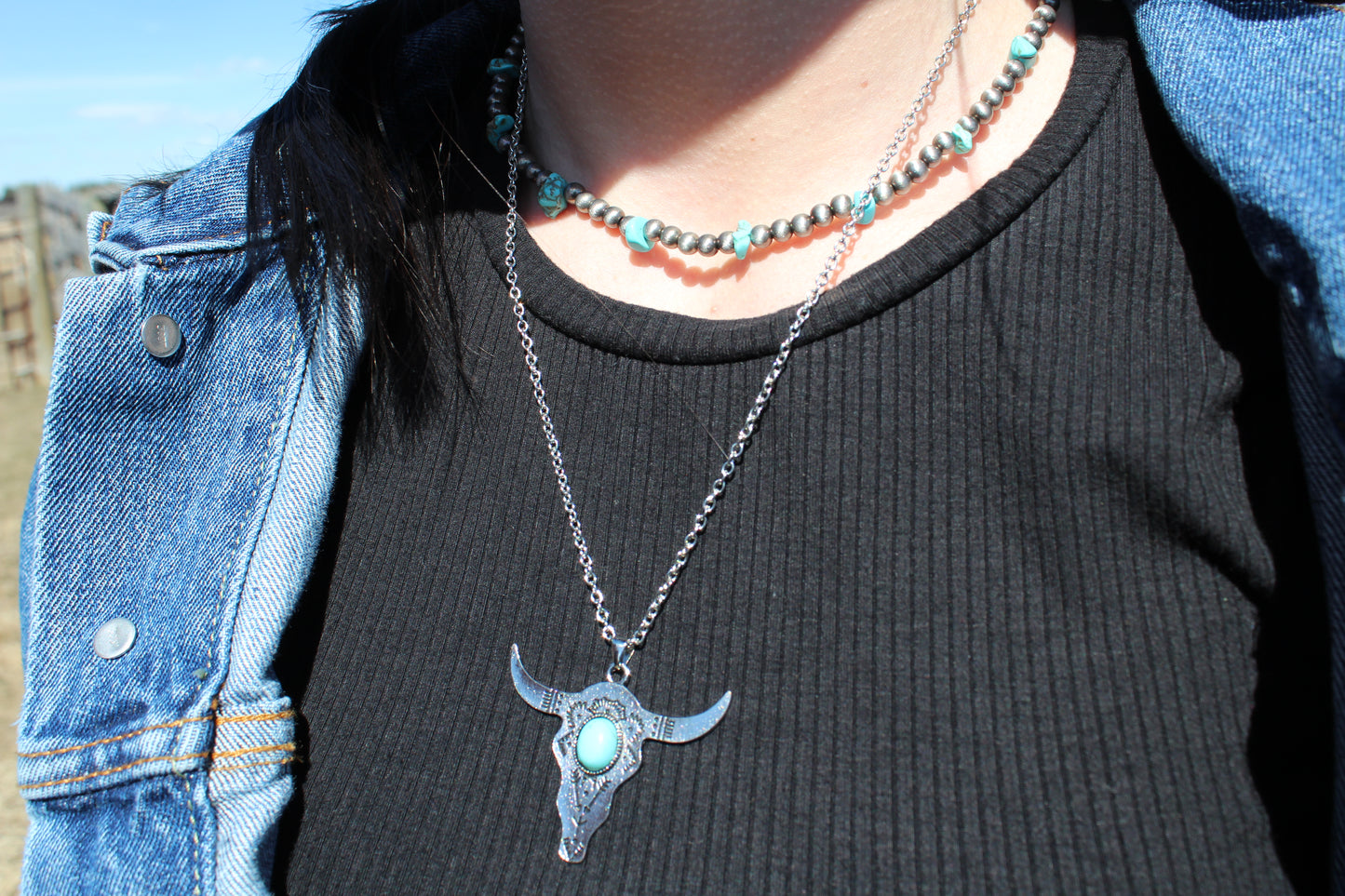 Steer skull turquoise necklace